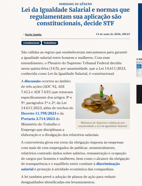 Notícia: Lei da igualdade salarial é constitucional, decide STF (Conjur)