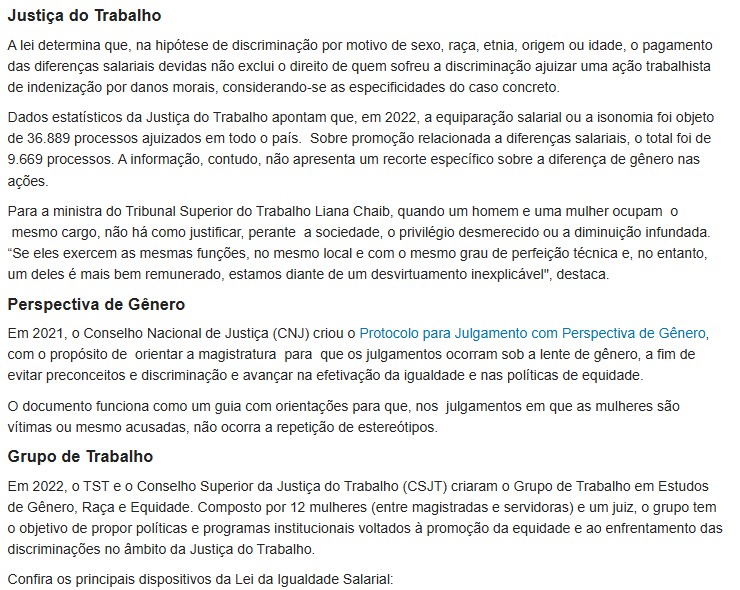 Notícia: Lei da Igualdade Salarial (TST, continuação)